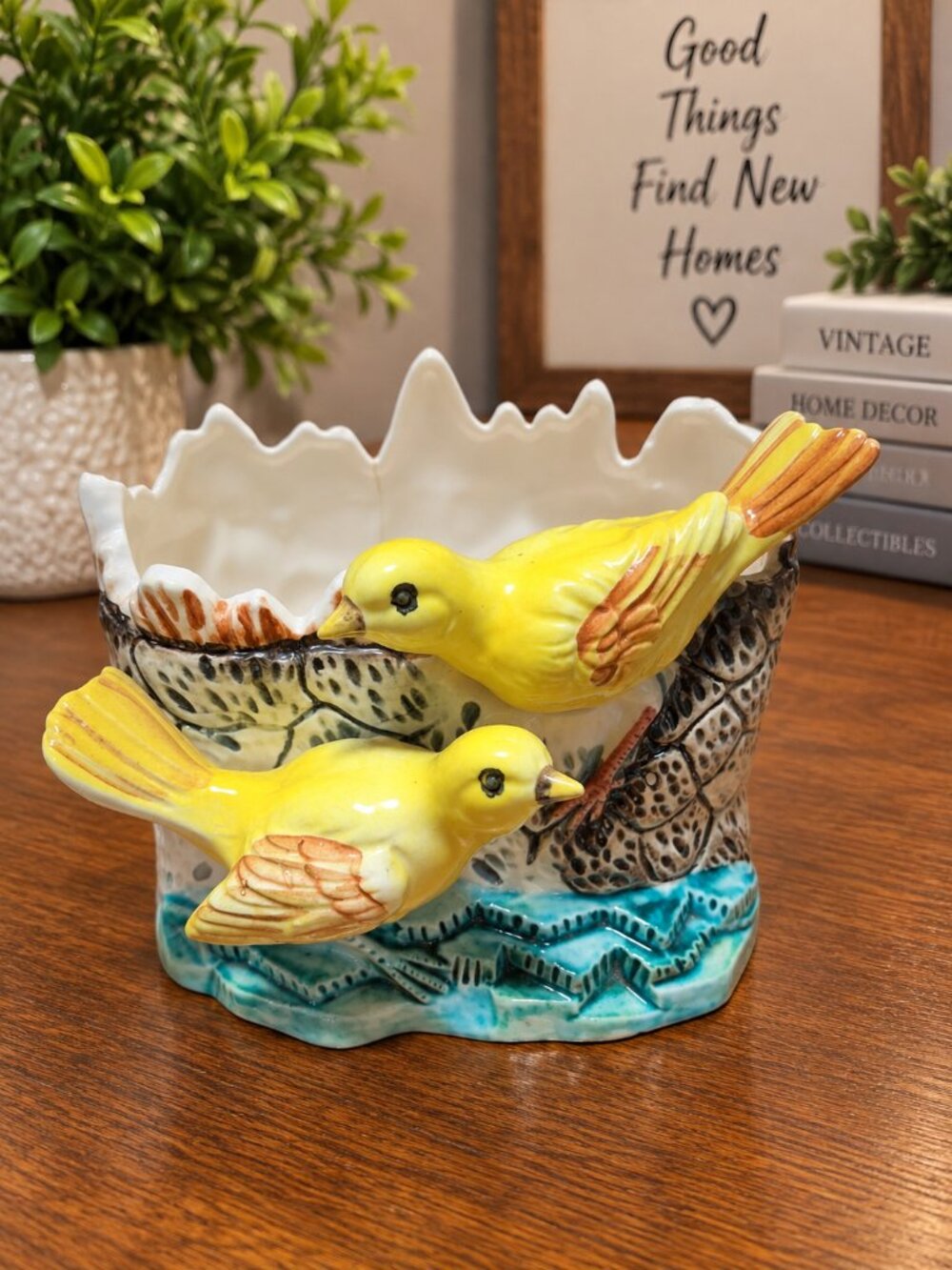 Vintage 1950s Hand Painted Yellow Birds Ceramic Planter